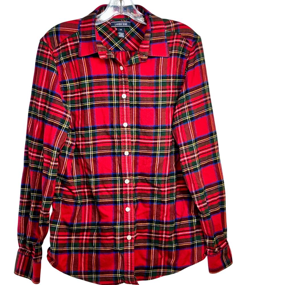 Lands' End Women's Size 14 Long Sleeve Flannel Shirt Cotton Red Tartan Plaid